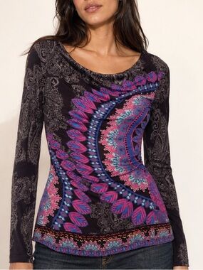 Desigual Y2K Paisley Mandala Draped Long Sleeve Top (Size S)